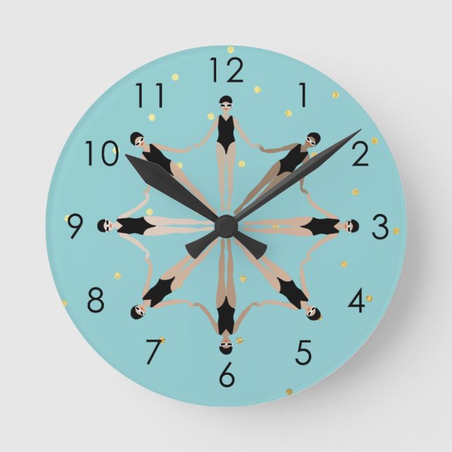 Modern Artistic Synchronised Swimmers Gold Dots   Round Clock (Front)