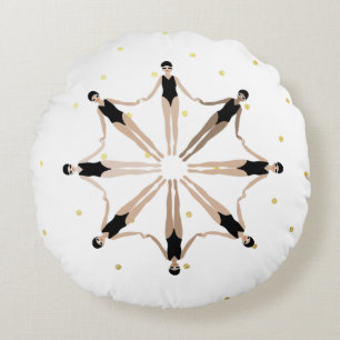 Modern Artistic Synchronised Swimmers Gold Dots   Round Cushion