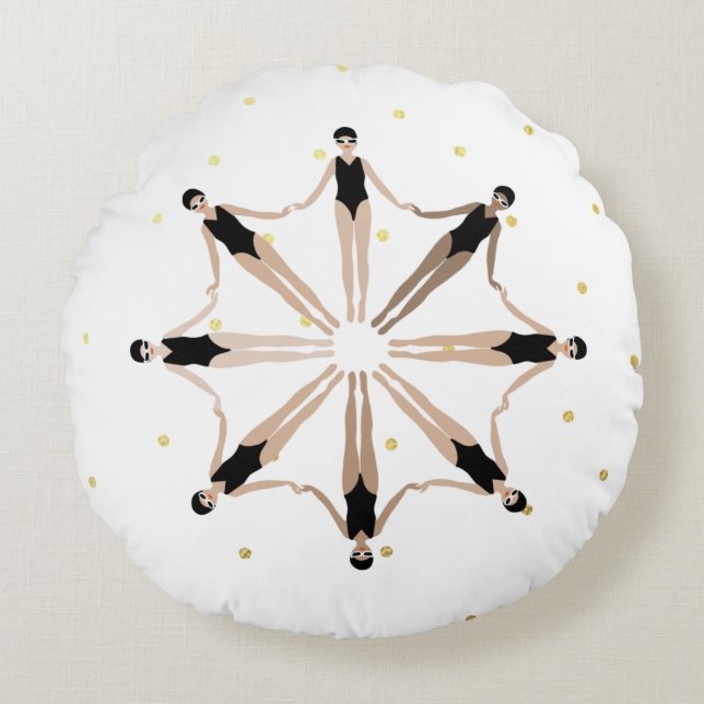 Modern Artistic Synchronised Swimmers Gold Dots   Round Cushion (Front)