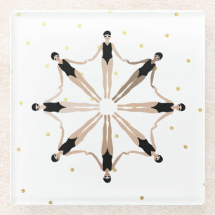 Modern Artistic Synchronized Swimmers Gold Dots Glass Coaster