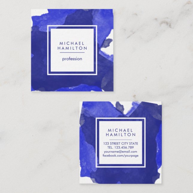 MODERN ARTISTIC WATERCOLOR SPLASH BLUE SQUARE BUSINESS CARD (Front/Back)