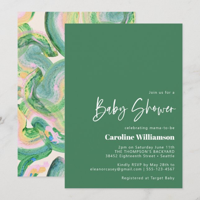 Modern Artsy Abstract Green Watercolor Baby Shower Invitation (Front/Back)
