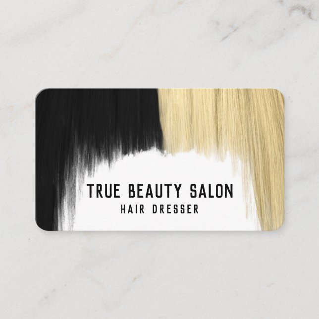 Modern Artsy Blonde Black Hair Dresser Business Card (Front)