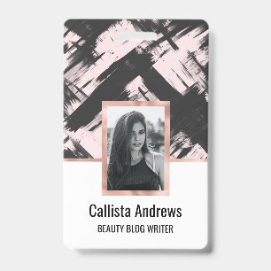 Modern Artsy Blush Pink Black Abstract Brushstroke ID Badge