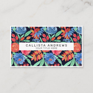 Modern Artsy Coral Blue Floral Watercolor Pattern Business Card