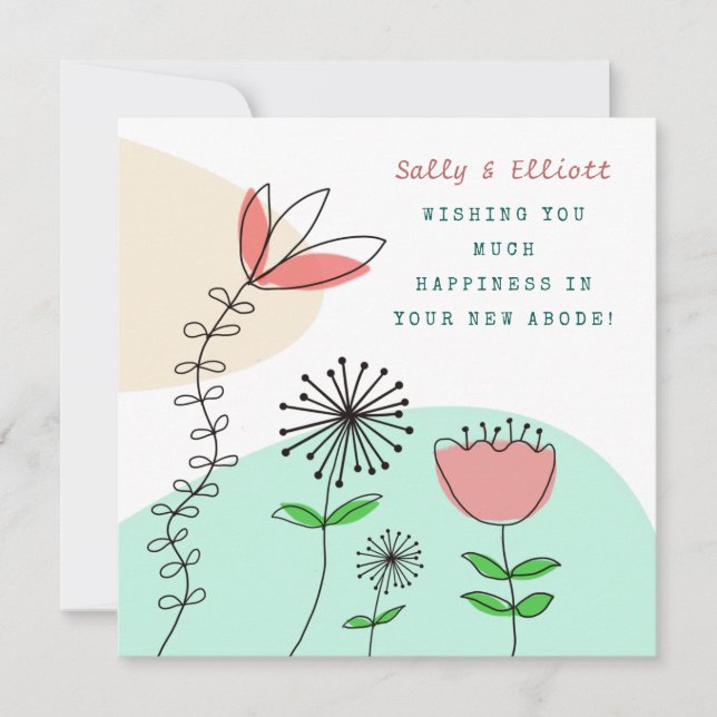 Modern Artsy Coral Florals Name Happiness New Home Card (Front)