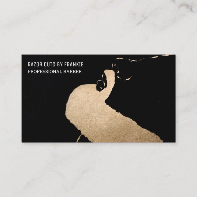 Modern Artsy Gold Black Beard Illustration Barber Business Card (Front)