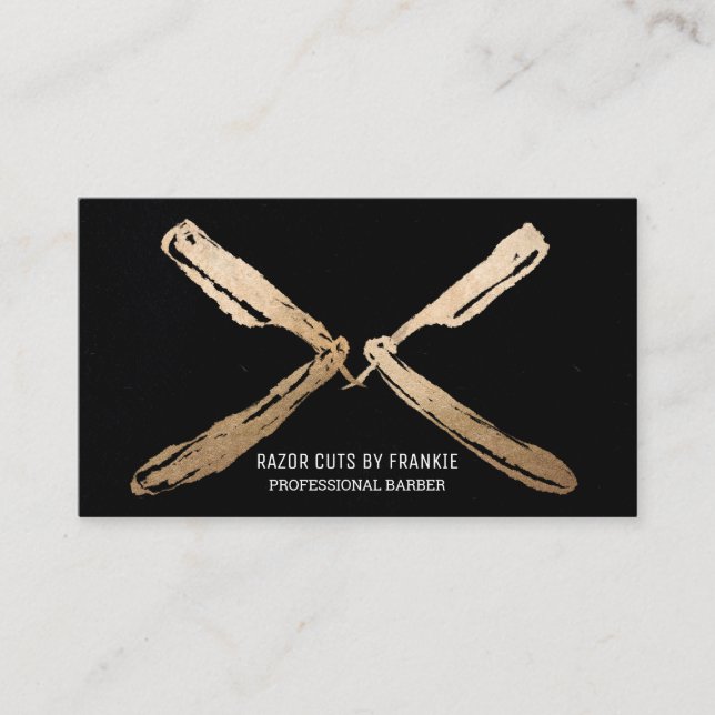 Modern Artsy Gold Black Razor Blades Barber Business Card (Front)