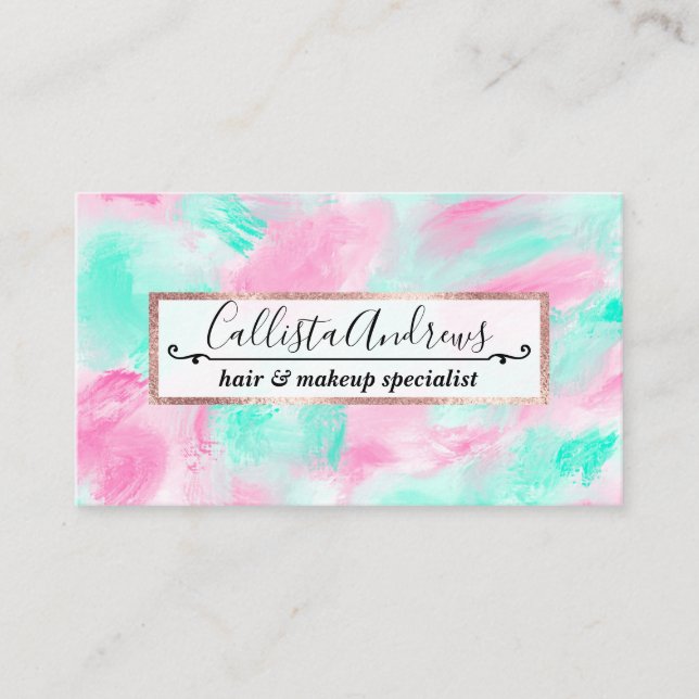 Modern Artsy Neon Pink Teal Abstract Paint Business Card (Front)