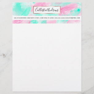 Modern Artsy Neon Pink Teal Abstract Paint Custom Letterhead
