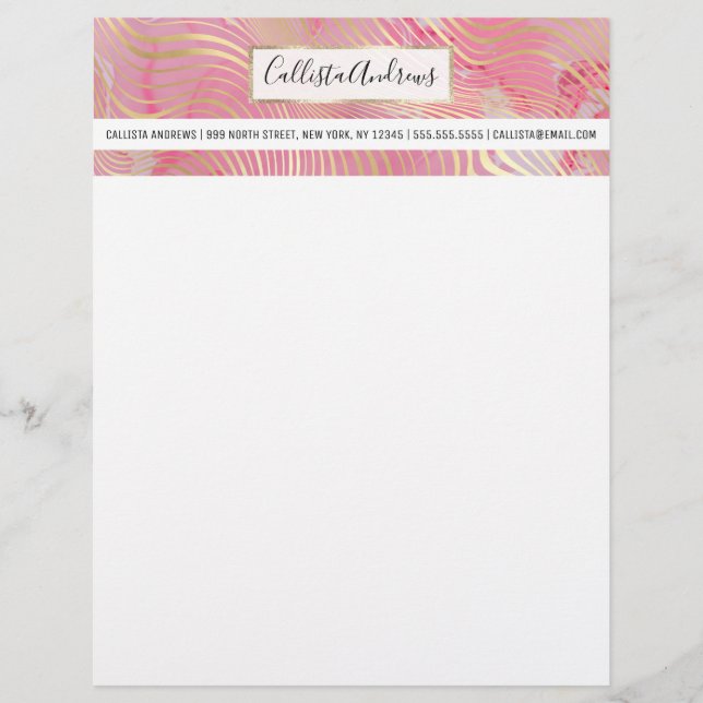 Modern Artsy Pink Gold Curved Stripes Marble Custom Letterhead (Front)