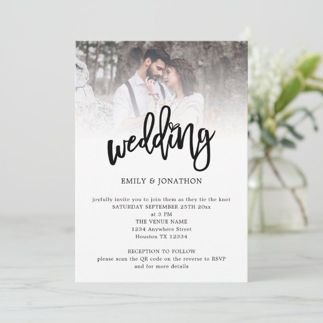 Modern Artsy Script Photo QR Code Wedding Invitation (Standing Front)