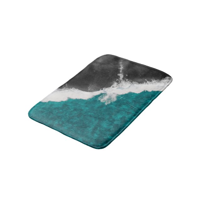 Modern Artsy Teal Blue Black Ocean Beach Waves Bath Mat (Angled)