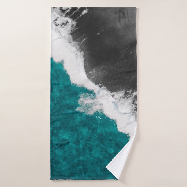 Modern Artsy Teal Blue Black Ocean Beach Waves Bath Towel (Bath Towel)