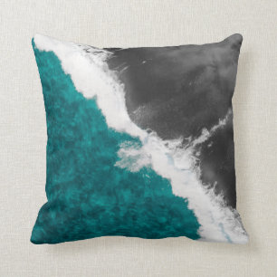 Modern Artsy Teal Blue Black Ocean Beach Waves Cushion