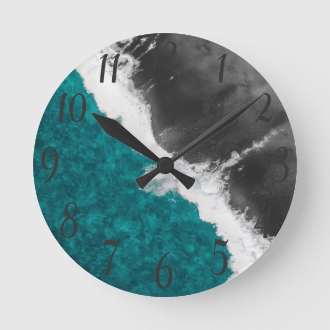 Modern Artsy Teal Blue Black Ocean Beach Waves Round Clock (Front)