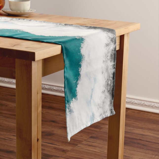Modern Artsy Teal Blue Black Ocean Beach Waves Short Table Runner (In Situ)