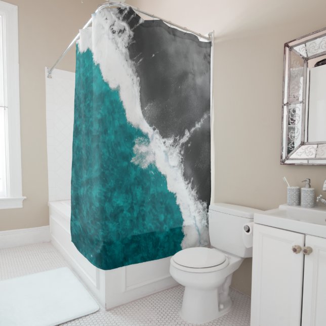 Modern Artsy Teal Blue Black Ocean Beach Waves Shower Curtain (In Situ)