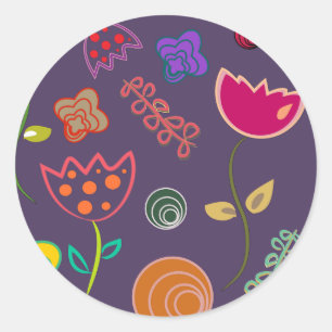 Modern arty purple and pink flowers classic round sticker