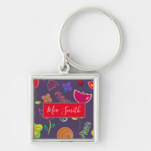 Modern arty purple and pink flowers key ring