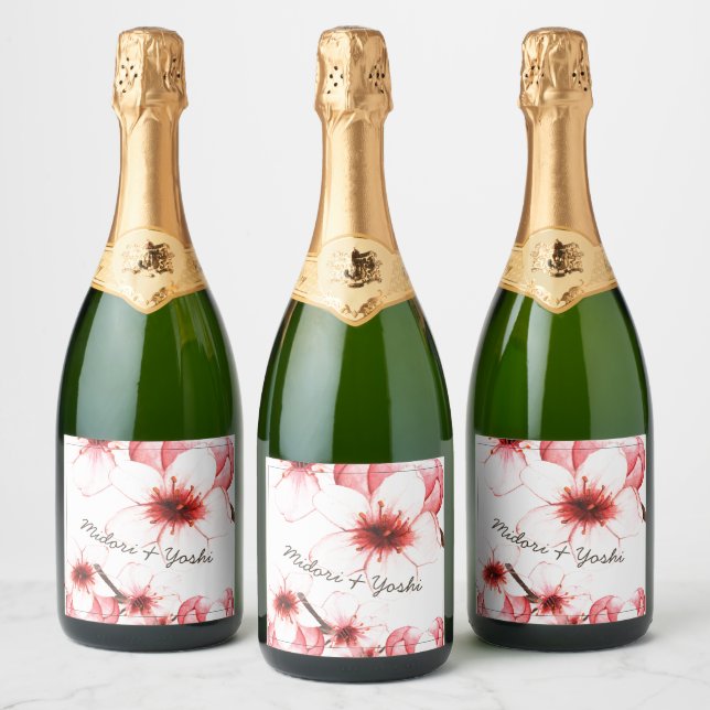 Modern Asian Cherry Blossom Wedding Toast Sparkling Wine Label (Bottles)