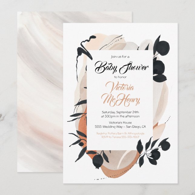 Modern Asian Ink Watercolor Neutral Baby Shower Invitation (Front/Back)