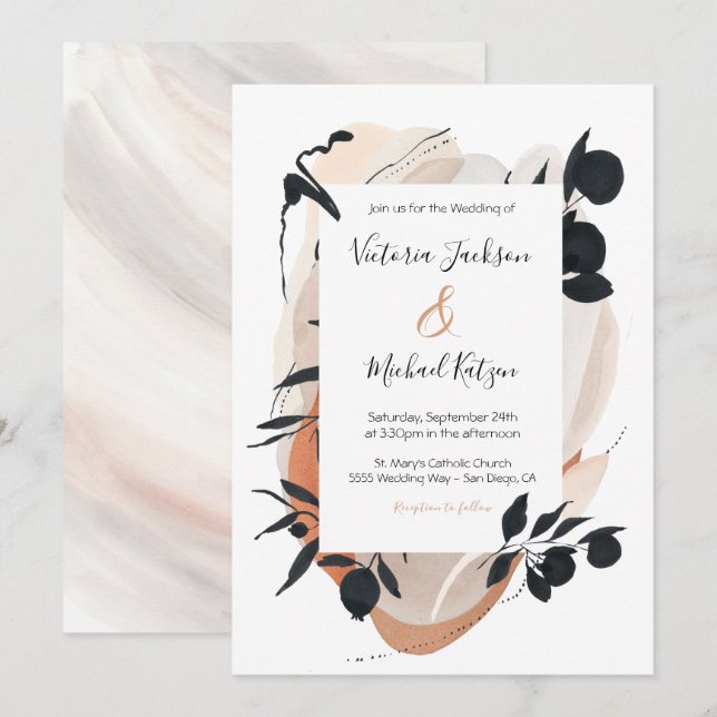 Modern Asian Ink & Watercolor Neutral Wedding Invitation (Front/Back)