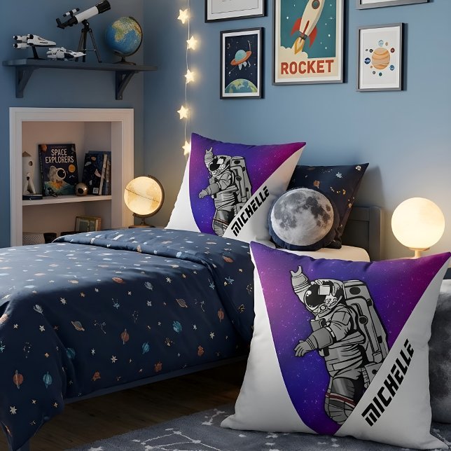 Modern Astronaut Purple Galaxy Space Custom Name Cushion (Creator Uploaded)