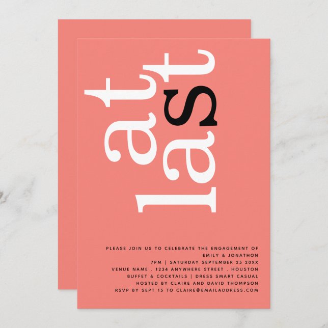 Modern At Last Coral Rose Engagement Party Invitation (Front/Back)