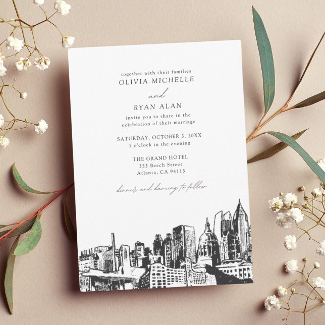 Modern Atlanta Wedding Skyline Black & White Invitation (Atlanta Wedding Invitation)