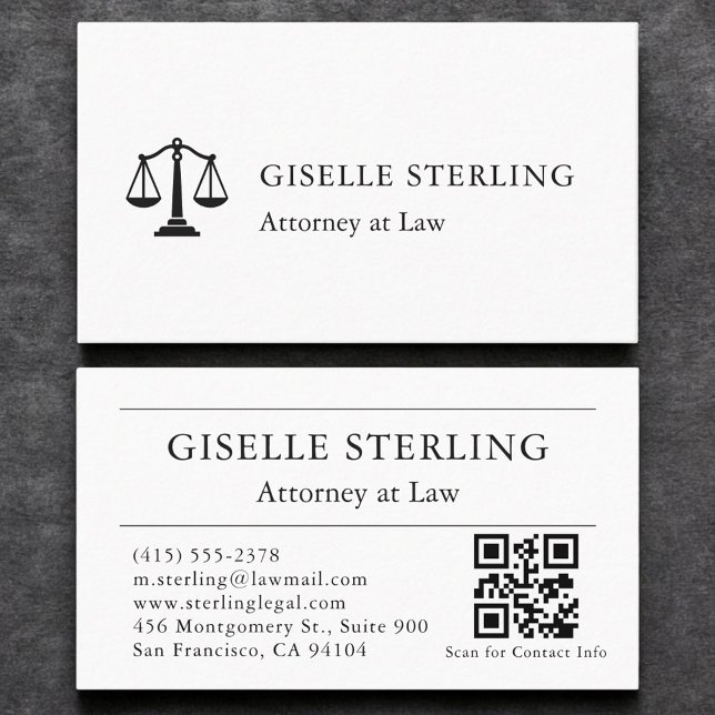 Modern Attorney at Law QR Code White Black Business Card (Creator Uploaded)
