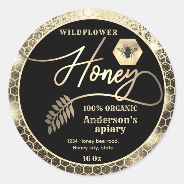 Modern attractive sparkle gold bee script honey classic round sticker (Front)