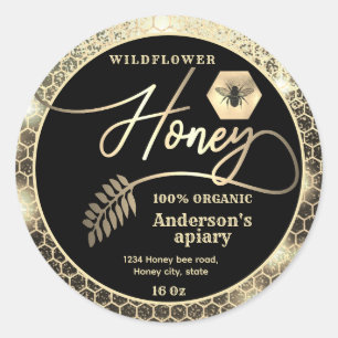 Modern attractive sparkle gold bee script honey classic round sticker