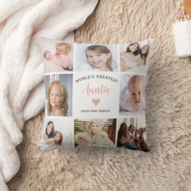 Modern Auntie Custom Photo Collage Pink Heart Cushion (Blanket)