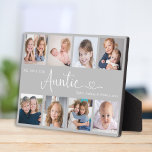 Modern Auntie Photo Collage Heart Script Plaque<br><div class="desc">This 8-photo collage modern plaque features the heartfelt message "We love you, Auntie" with a cute heart, and the name of beloved nieces and nephews. A thoughtful gift for your aunt and a lasting keepsake she’ll always treasure. Use the editing tool to change the background colour, adjust the font size...</div>