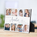 Modern Auntie Photo Collage Heart Script Plaque<br><div class="desc">This 8-photo collage modern plaque features the heartfelt message "We love you, Auntie" with a cute heart, and the name of beloved nieces and nephews. A thoughtful gift for your aunt and a lasting keepsake she’ll always treasure. Use the editing tool to change the background colour, adjust the font size...</div>