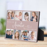 Modern Auntie Photo Collage Heart Script Plaque<br><div class="desc">This 8-photo collage modern plaque features the heartfelt message "We love you, Auntie" with a cute heart, and the name of beloved nieces and nephews. A thoughtful gift for your aunt and a lasting keepsake she’ll always treasure. Use the editing tool to change the background colour, adjust the font size...</div>