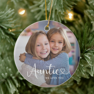 Modern Auntie We Love You Cute Heart 2 Photo Ceramic Tree Decoration