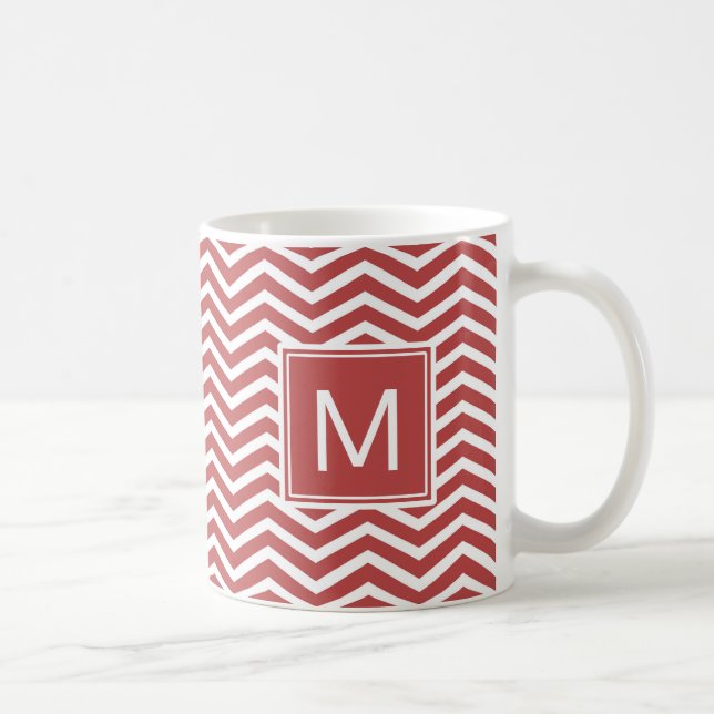 Modern Aurora Red Chevron Pattern With Monogram Coffee Mug (Right)