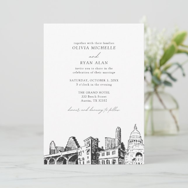 Modern Austin Skyline Black & White Wedding Invitation (Standing Front)
