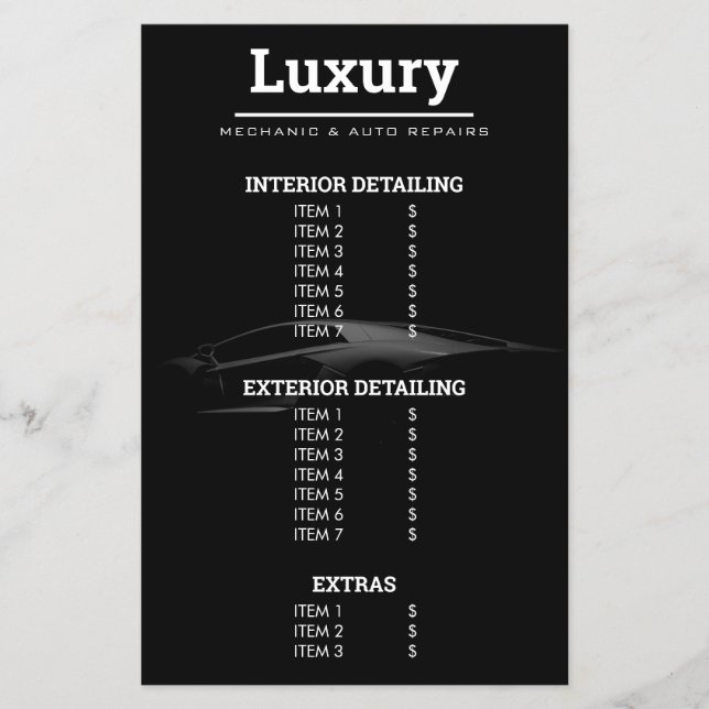 Modern Auto Detailing Car Cleaning Wash Price List Flyer (Front)