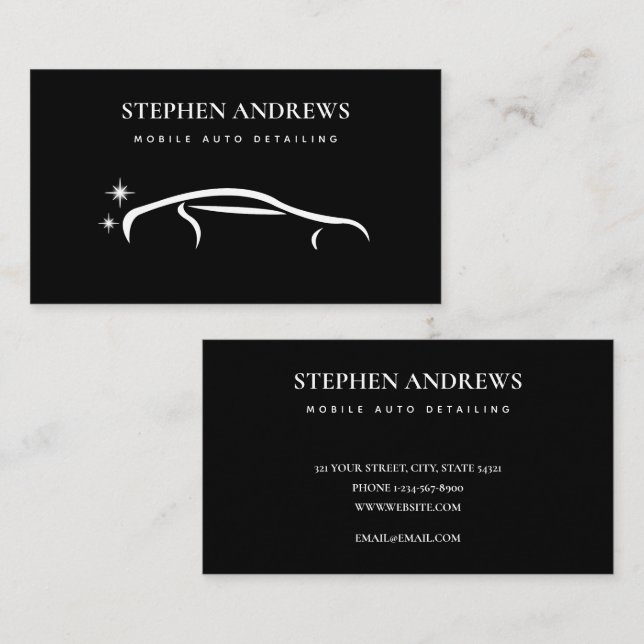 Modern Auto Detailing Cleaning Auto Repair Black Business Card (Front/Back)