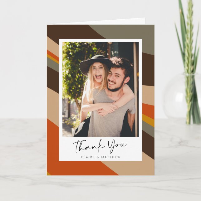 Modern Autumn Abstract Earthy Stripes Couple Photo Thank You Card (Front)