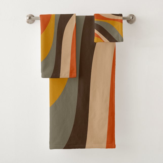 Modern Autumn Abstract Wavy Lines in Earth Tones  Bath Towel Set (Insitu)