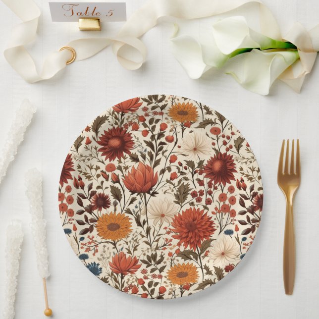 Modern Autumn Fall Botanical Floral  Paper Plate (Wedding)