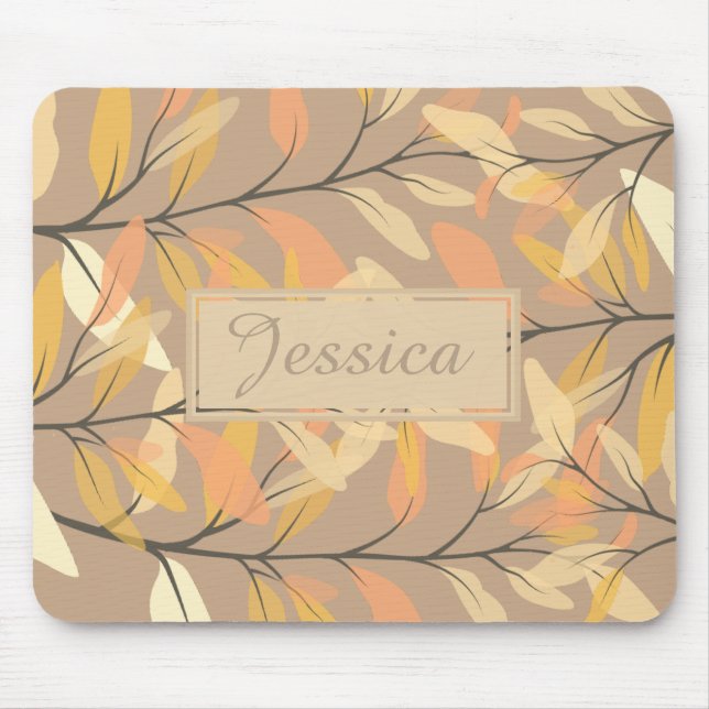 Modern Autumn Fall Leaves Pattern Personalised Mouse Mat (Front)