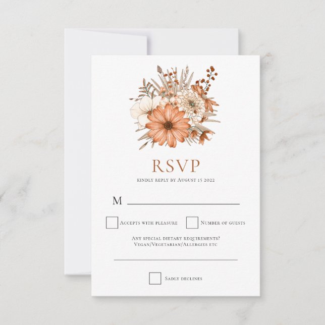 Modern Autumn Floral Terracotta Cream Bouquet  RSVP Card (Front)