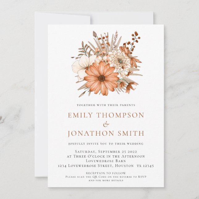 Modern Autumn Florals QR Code Wedding Invitation (Front)