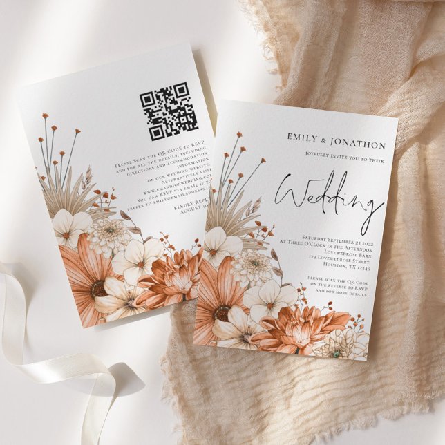 Modern Autumn Florals Script QR Code Wedding Invitation (Creator Uploaded)