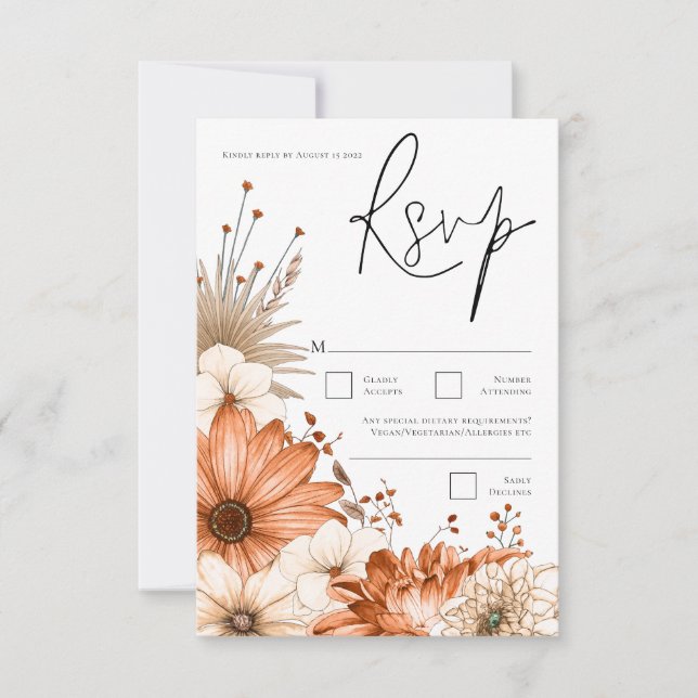 Modern Autumn Florals Terracotta Cream Script RSVP Card (Front)